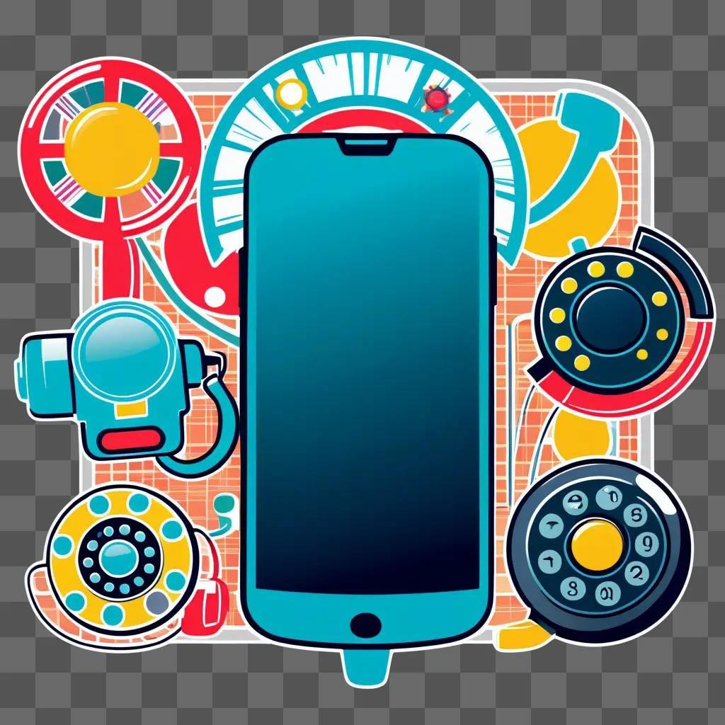 blue cell phone surrounded by various communication clipart