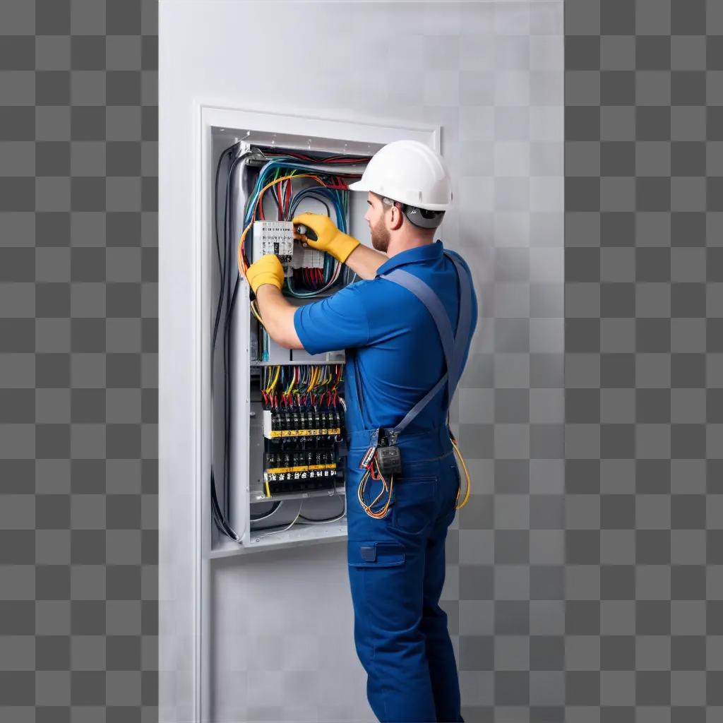 blue-clad electrician works on a circuit board