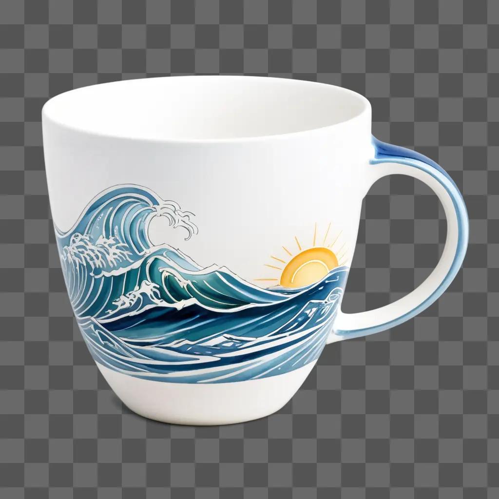 blue cup with wave design holds water