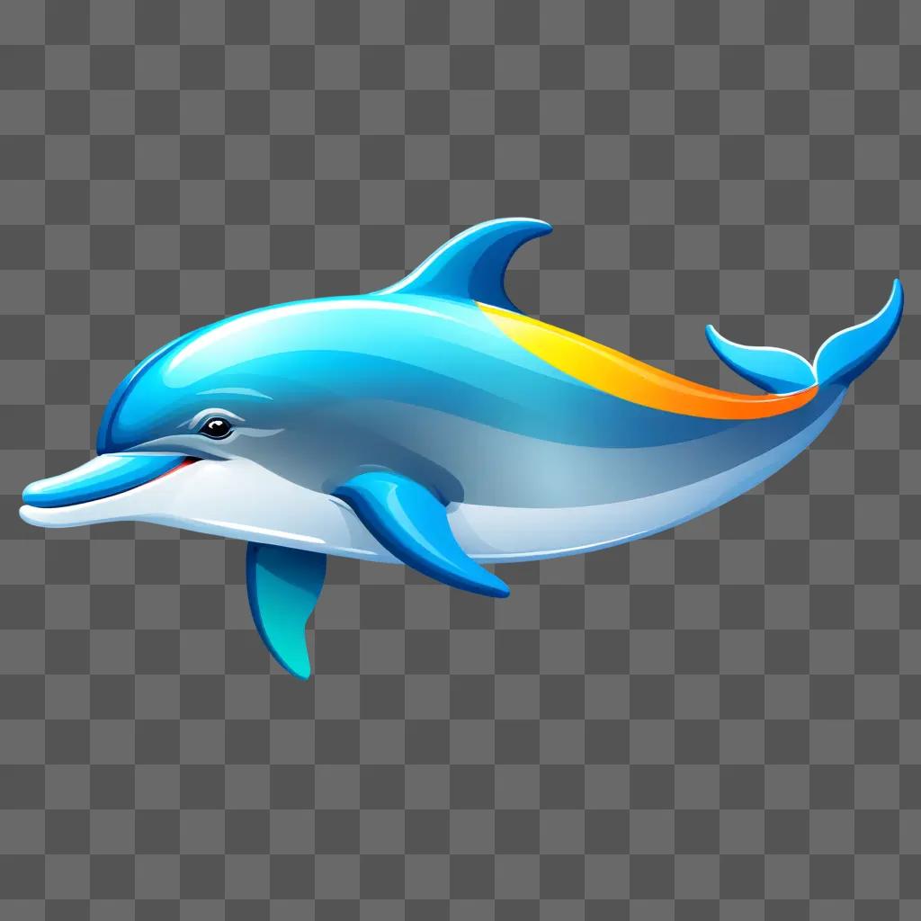 blue dolphin with orange and yellow fins on a blue background