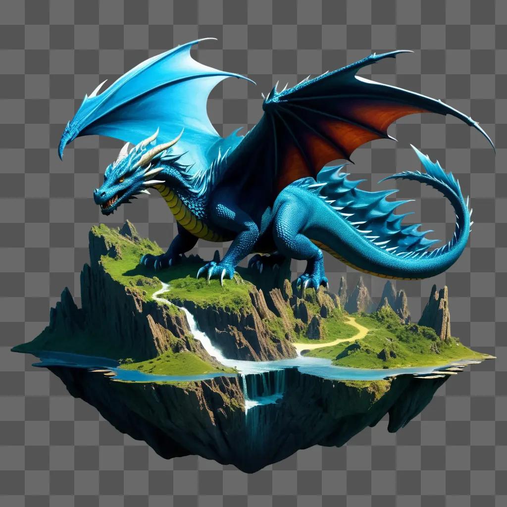 blue dragon is on a mountain with a river