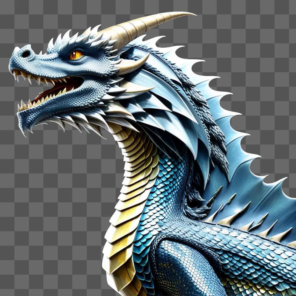 blue dragon scales its body against a gray background