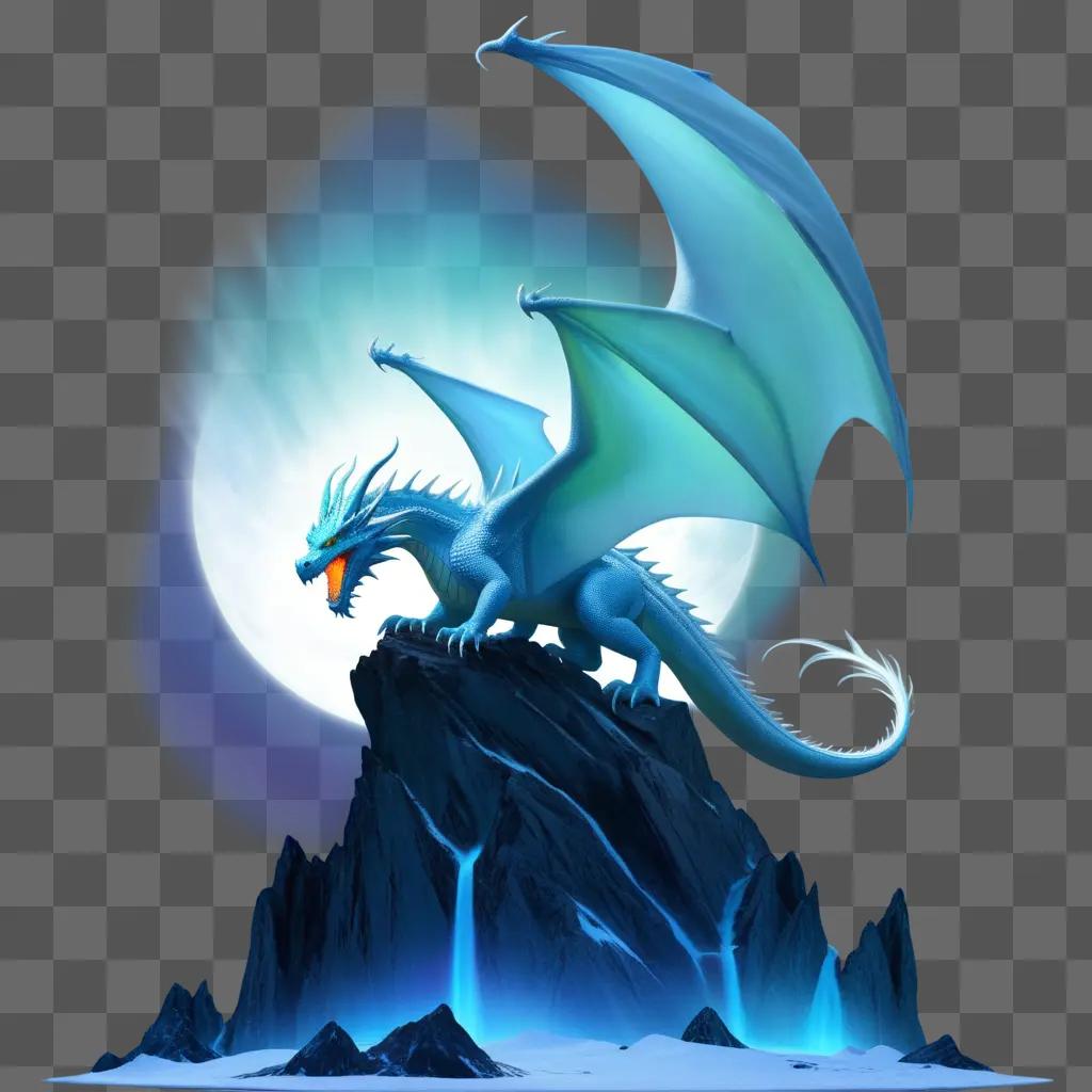 blue dragon with a glowing tail and wings on a rocky cliff