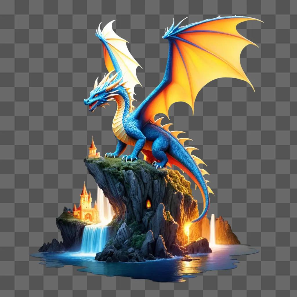 blue dragon with an orange tail and wings is shown in a fantasy setting