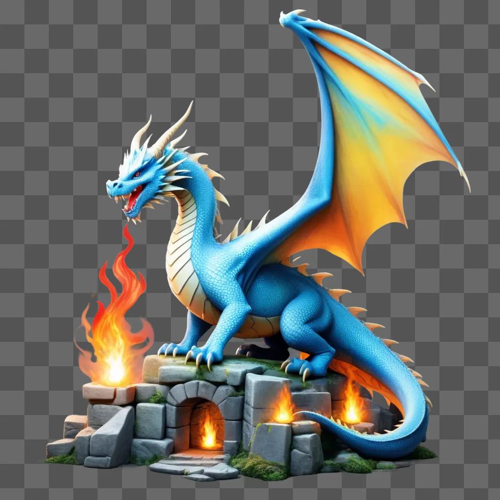 blue dragon with flame on its back