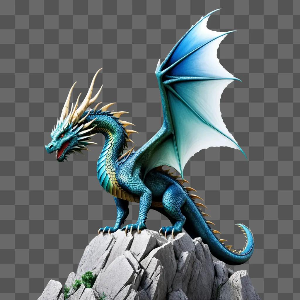 blue dragon with golden wings on a rocky cliff