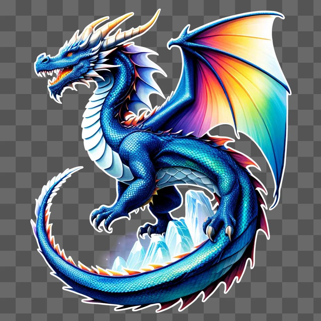 blue dragon with rainbow scales on a blue background