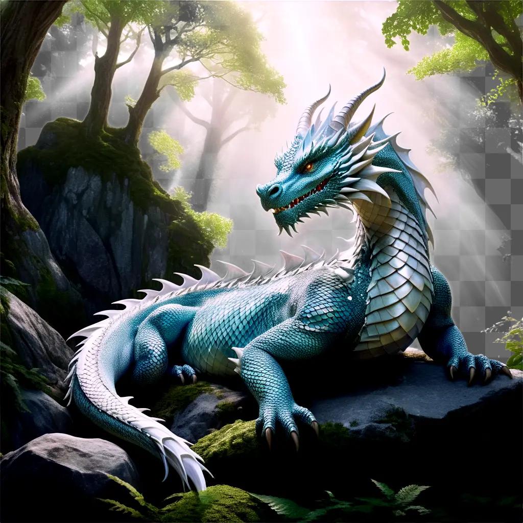 blue dragon with scales sits in a forest