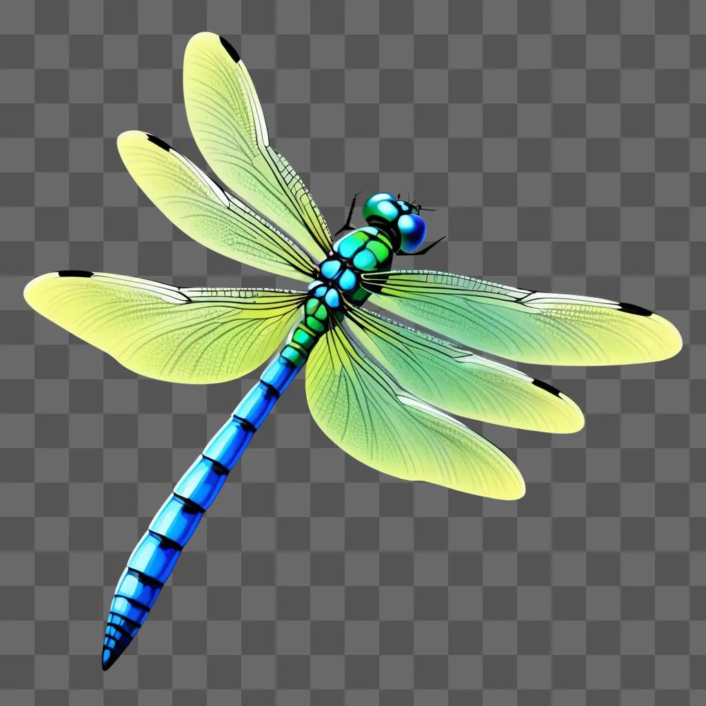 blue dragonfly with green wings is on a green background