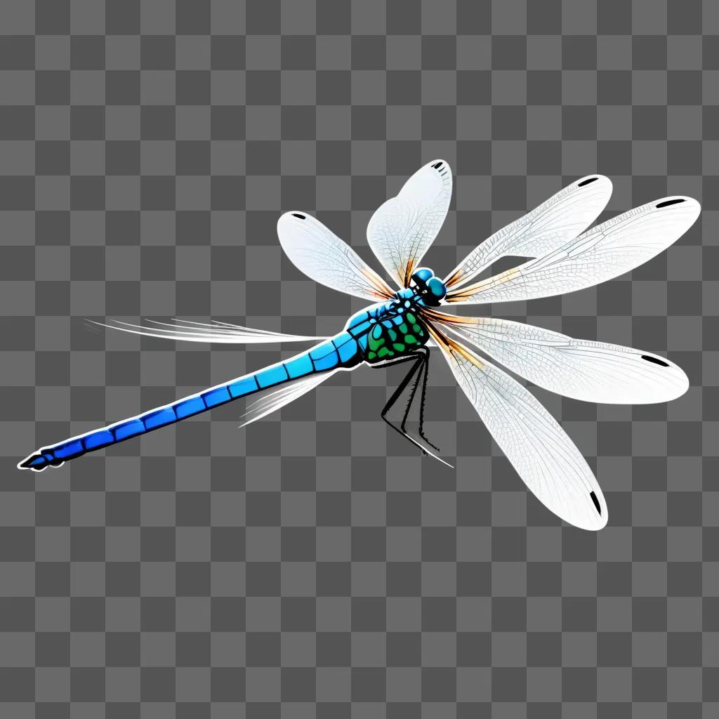 blue dragonfly with white wings on a white background