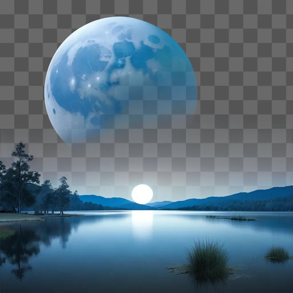 blue moon hangs over a serene lake