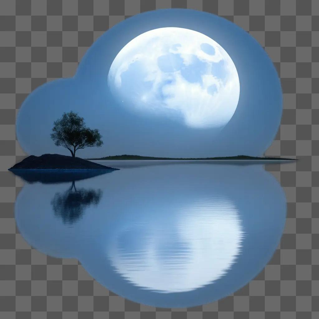 blue moon over a calm lake with a lone tree