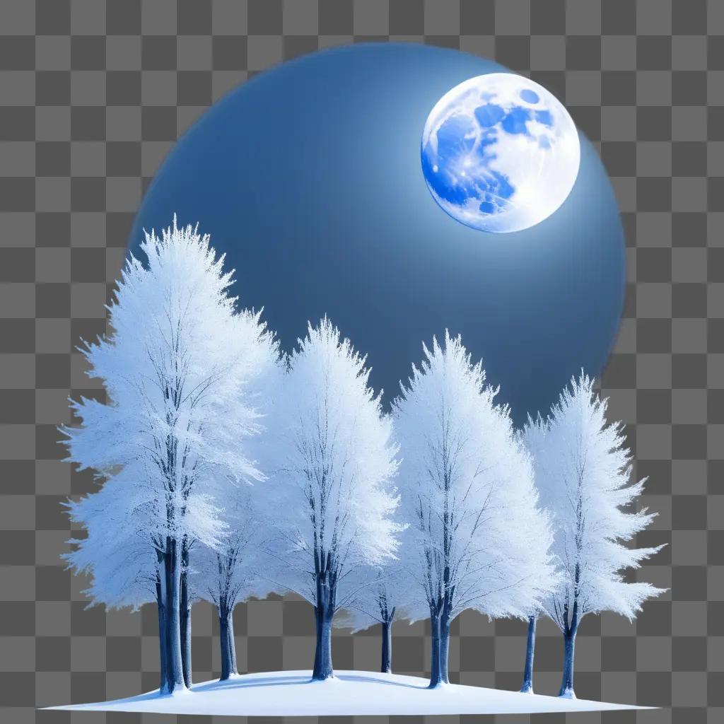 blue moon rises over snow-covered trees