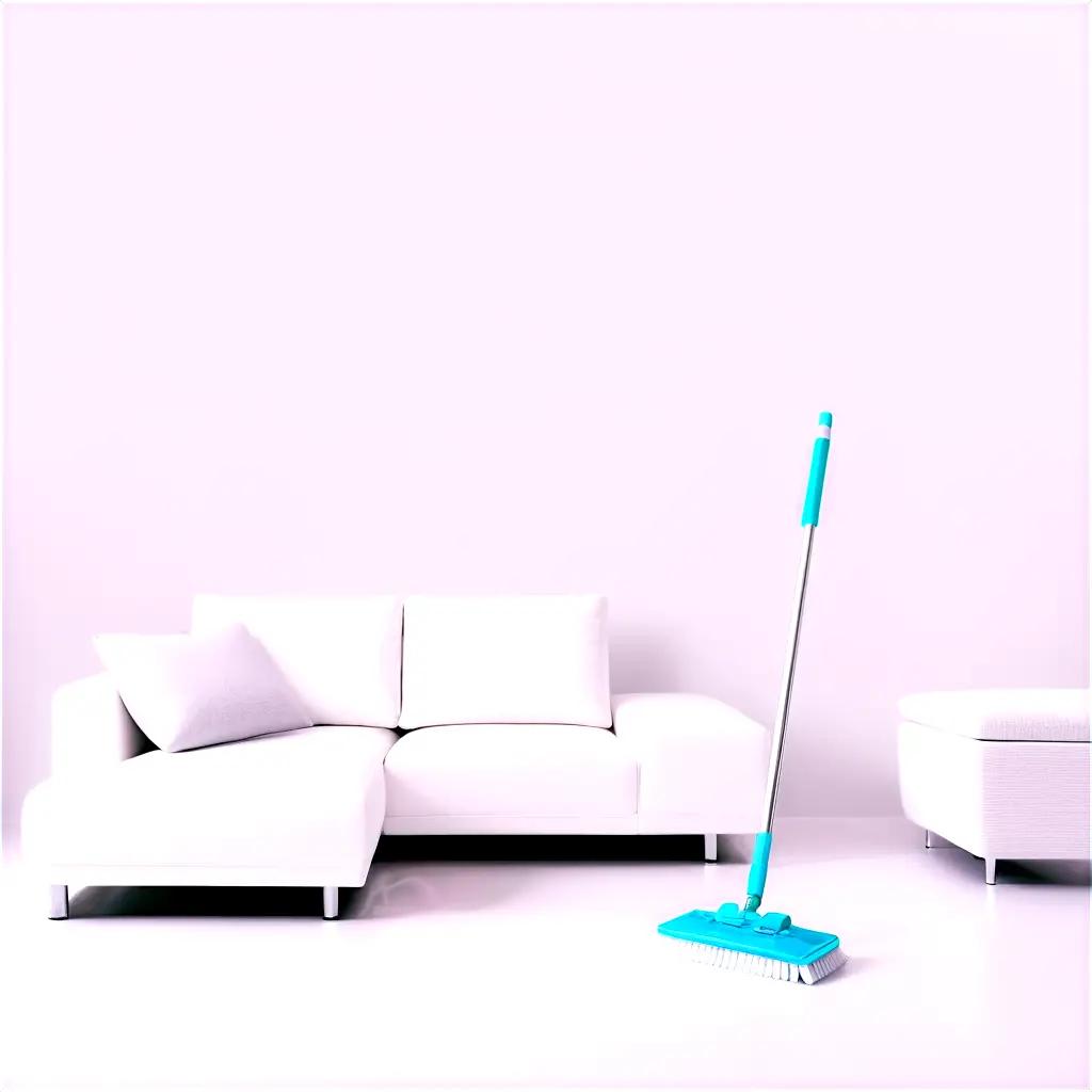 blue mop on a white couch