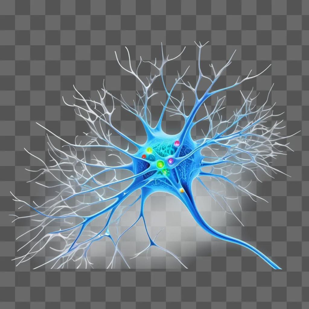 blue neuron with many branches and glowing colors