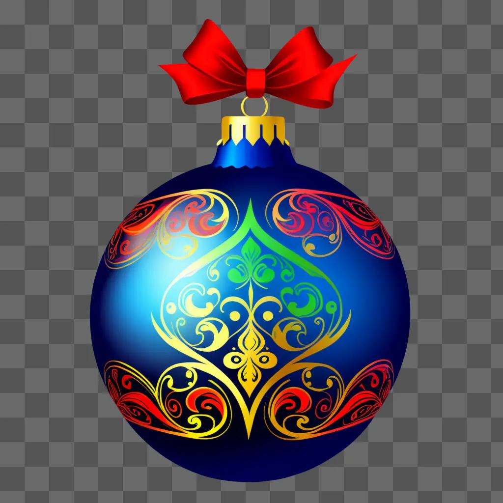 blue ornament with red bow and intricate designs