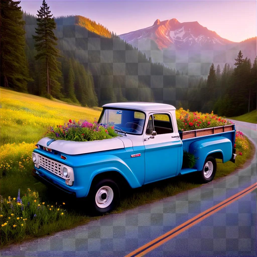 blue pickup truck is parked in a field