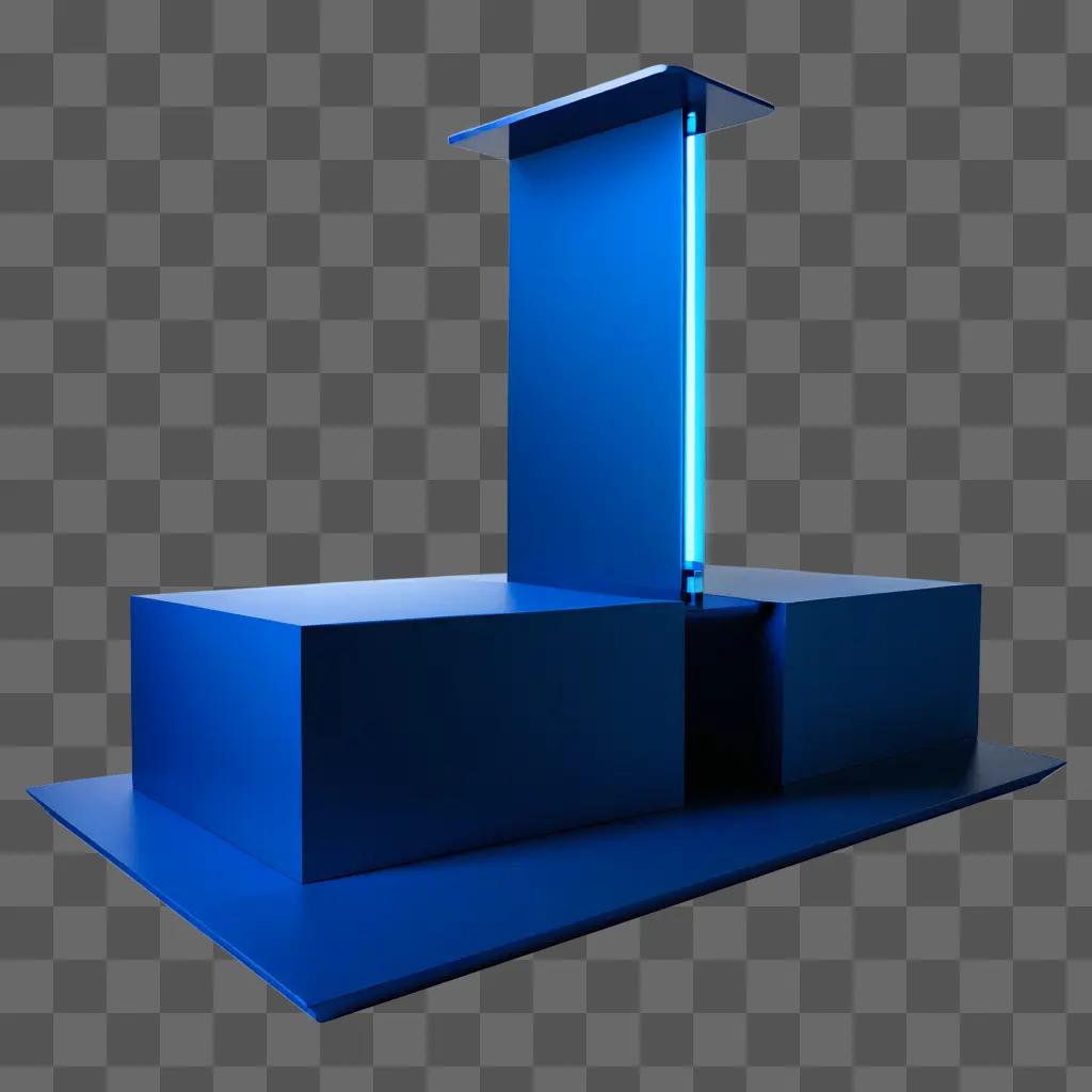 blue podium in a dark blue room