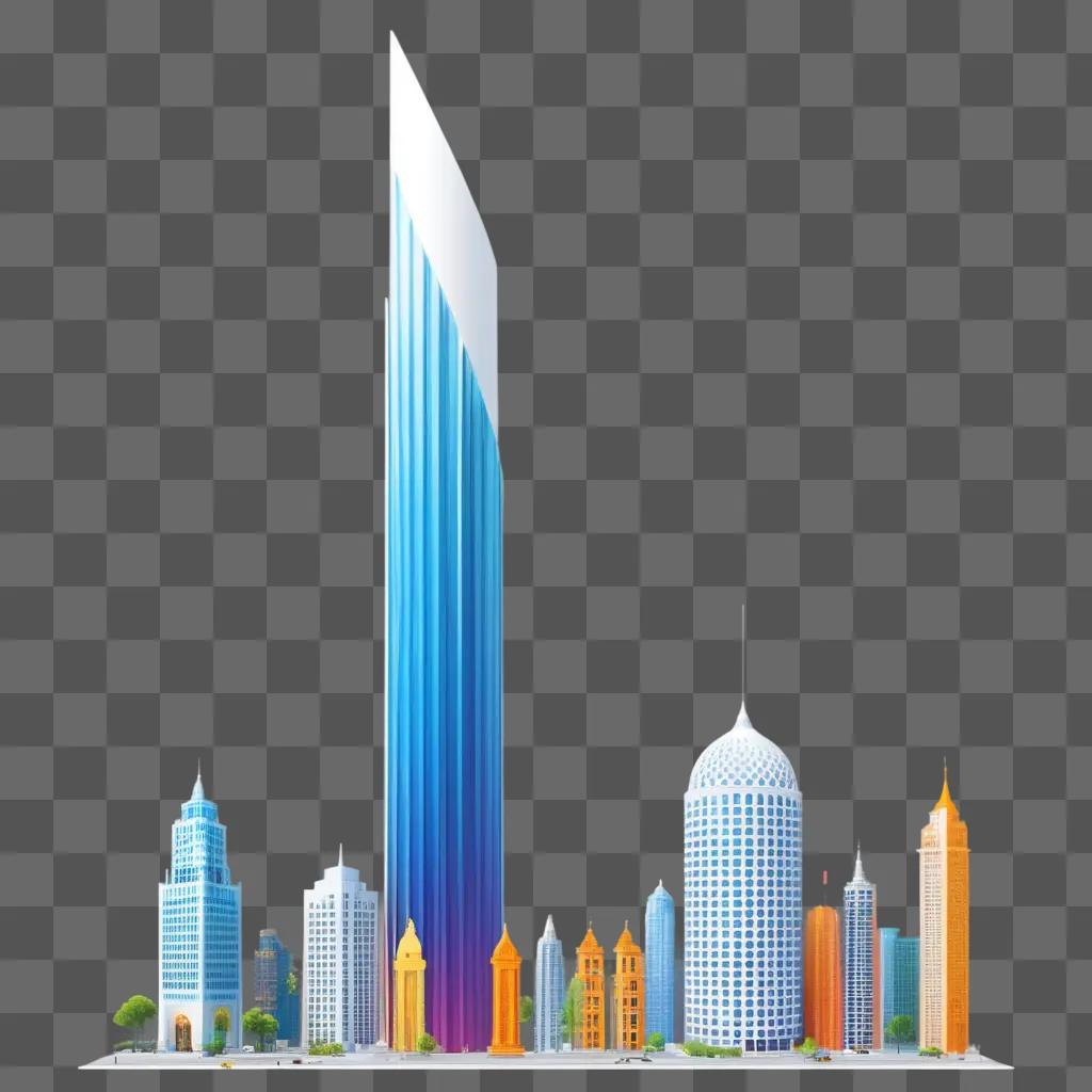 街の白い柱を持つ青い超高層ビル