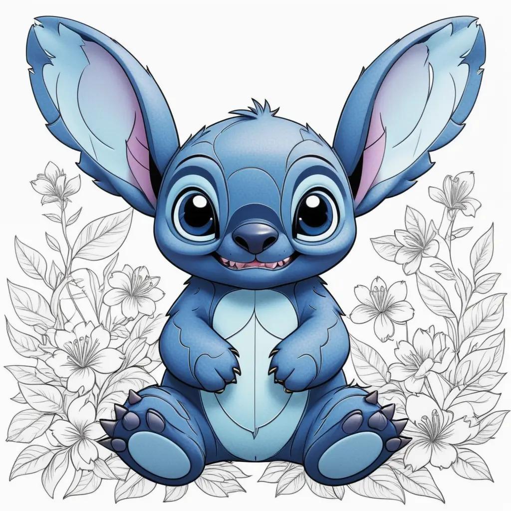 blue stitch character with pink ears sits in a flower background