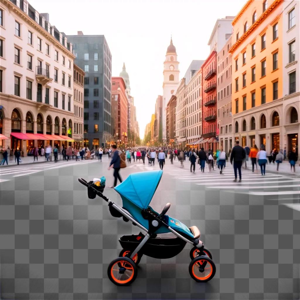 blue stroller is seen in a busy street