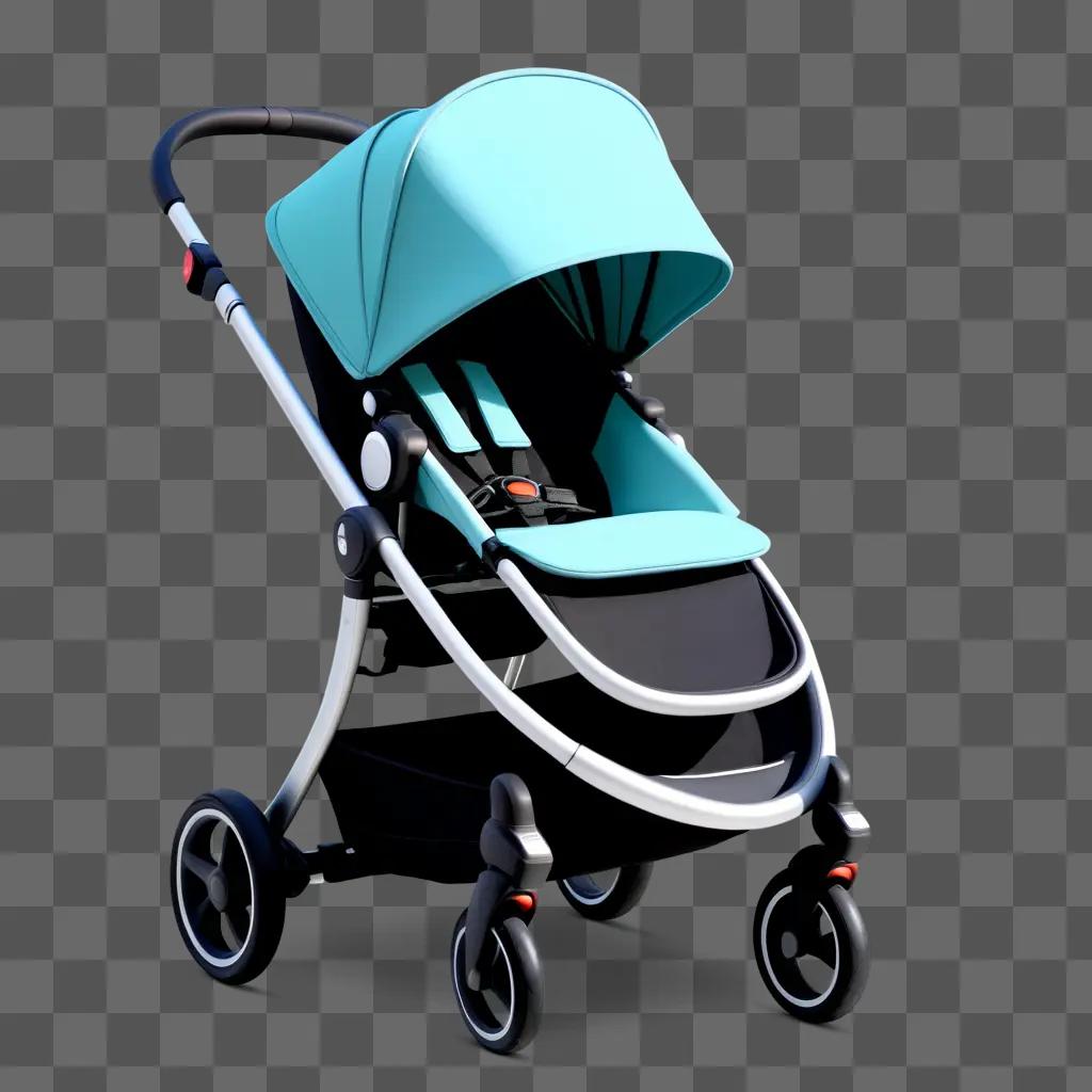 blue stroller with black wheels against a dark background