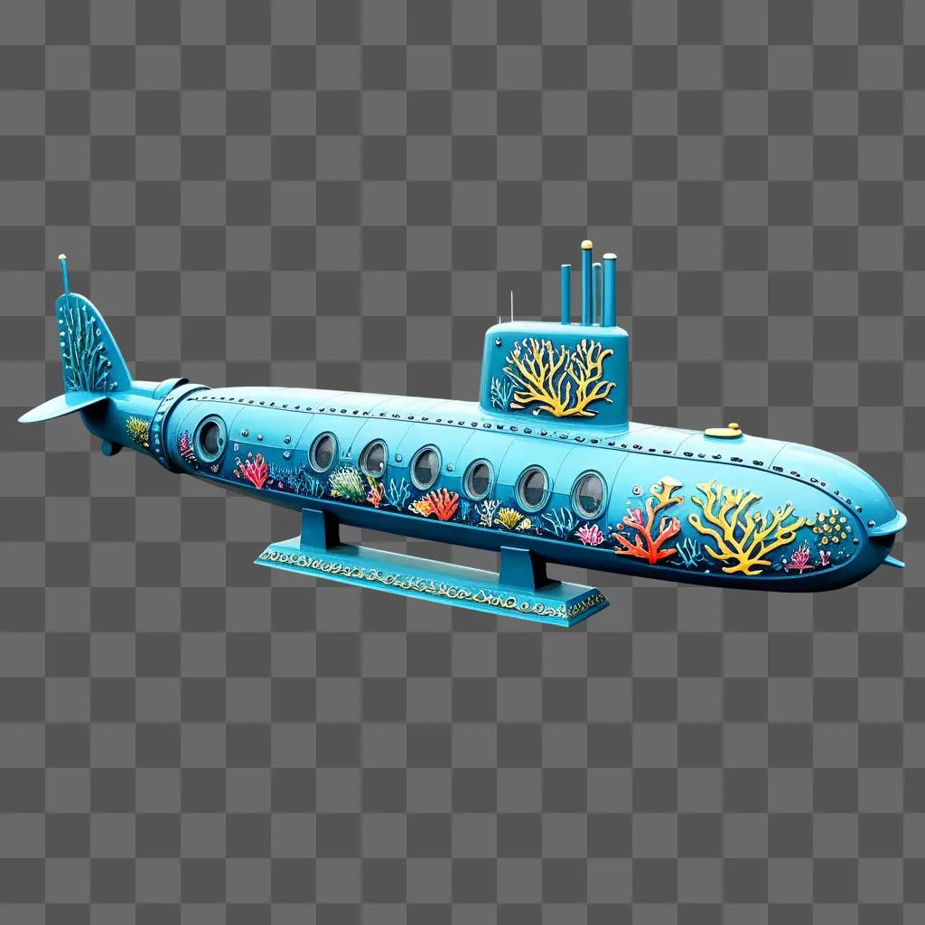 blue submarine with coral and fish on the side