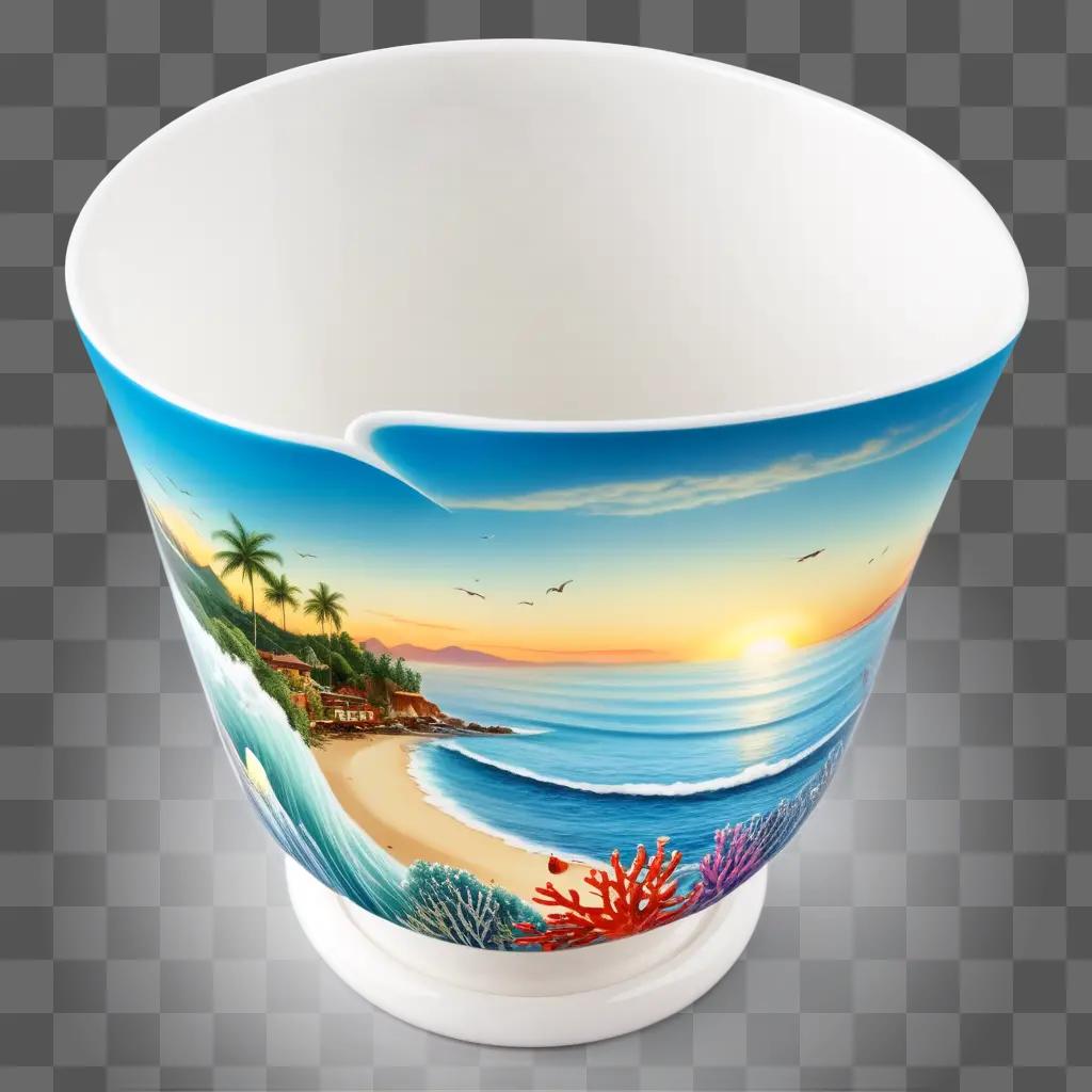 blue water cup with a beach scene