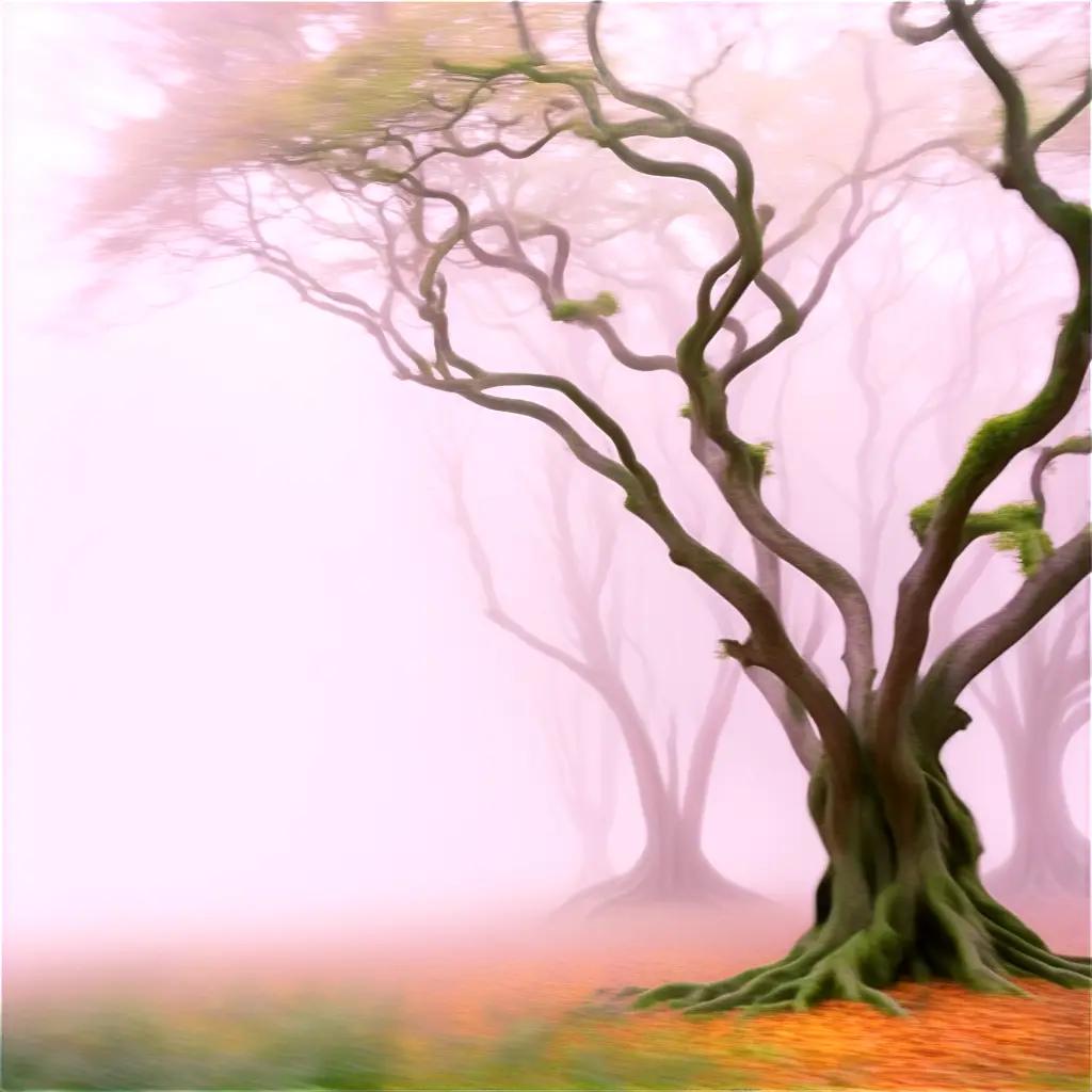 霧の森の木々のぼやけた画像