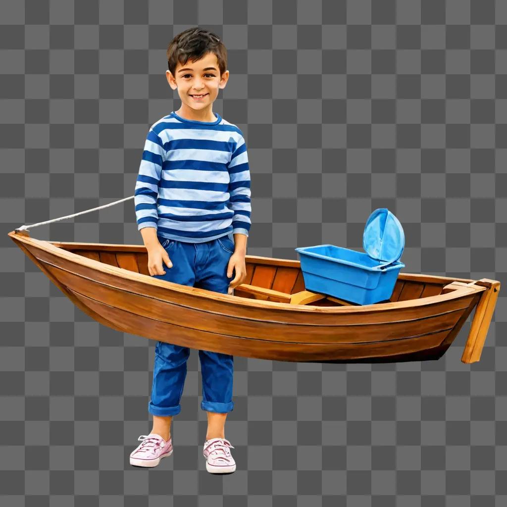 子供のためのボートの絵 縞模様のシャツを着た男の子がボートの隣に立っています
