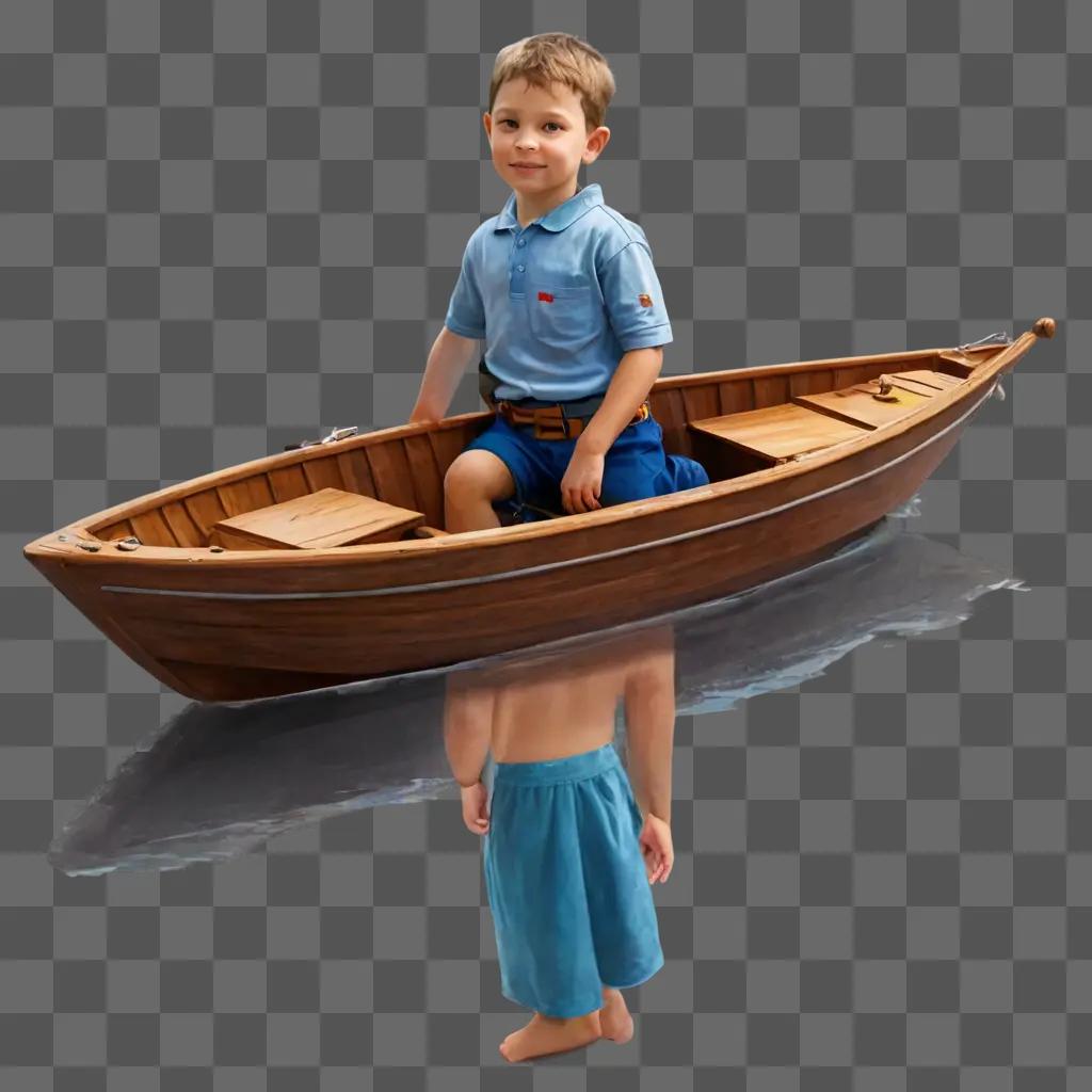 子供のためのボートの絵青い背景にボートの青いシャツの男の子