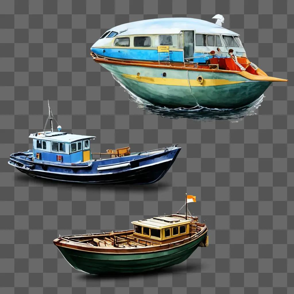 子供のためのボートの絵 黄色と青の色と灰色の背景に3隻のボート