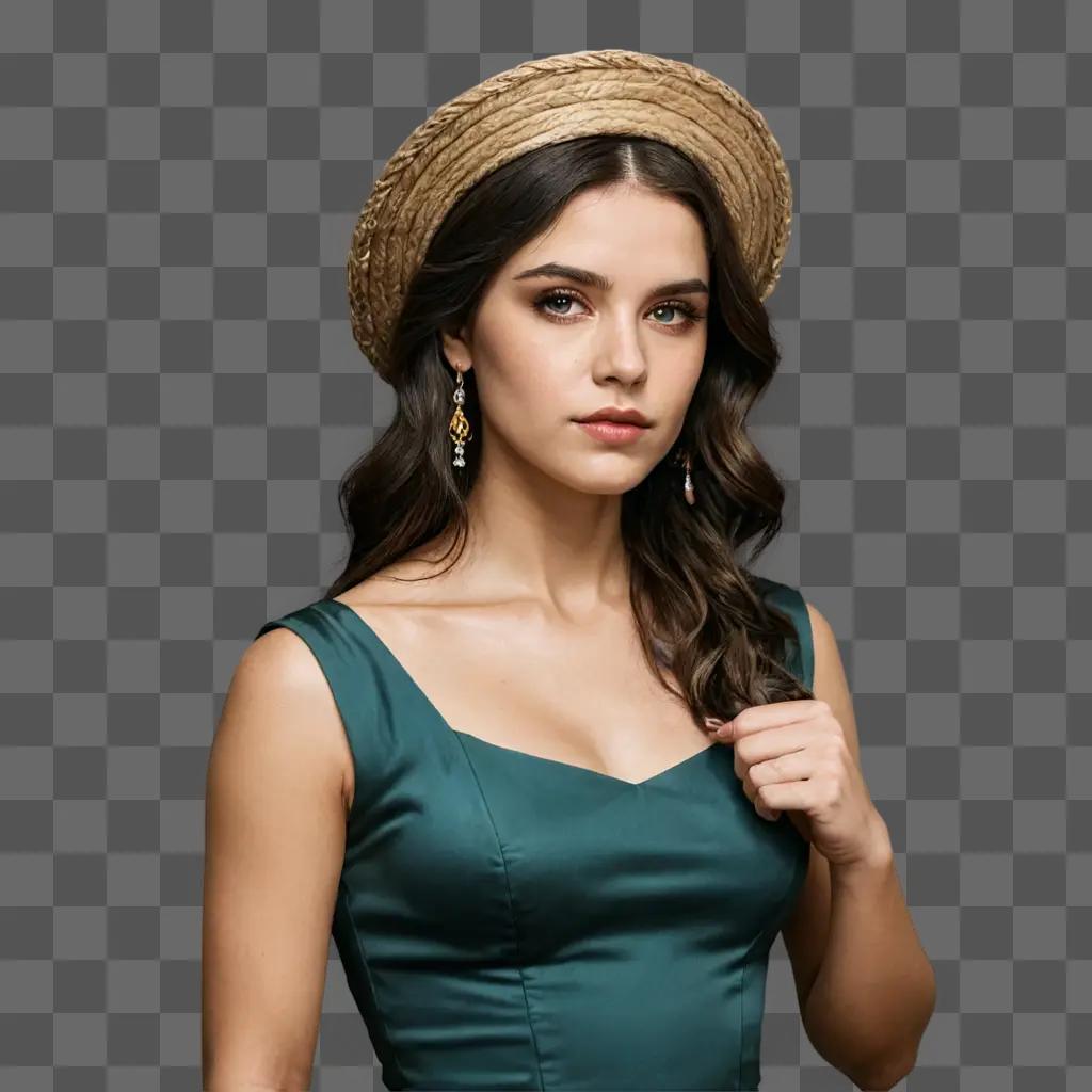 boat drawing realistic A beautiful young woman wearing a green dress and a hat