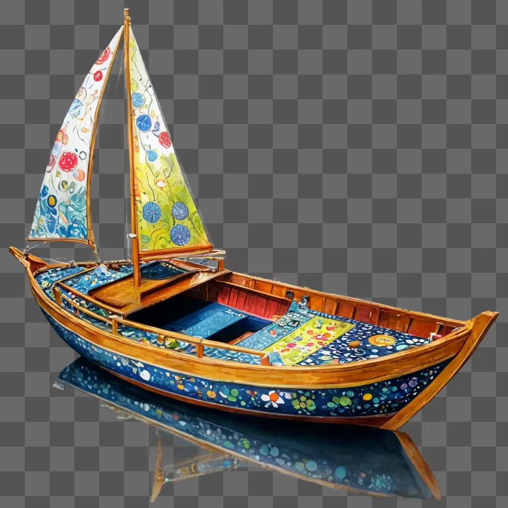 boat drawing realistic A wooden sailboat with colorful designs and a floral sail