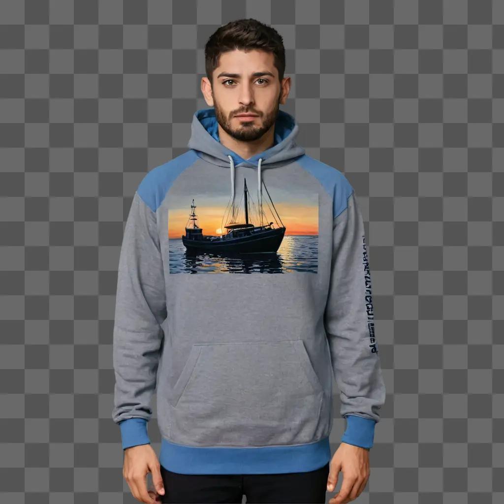 boat drawing realistic Man in grey hoodie with boat on it