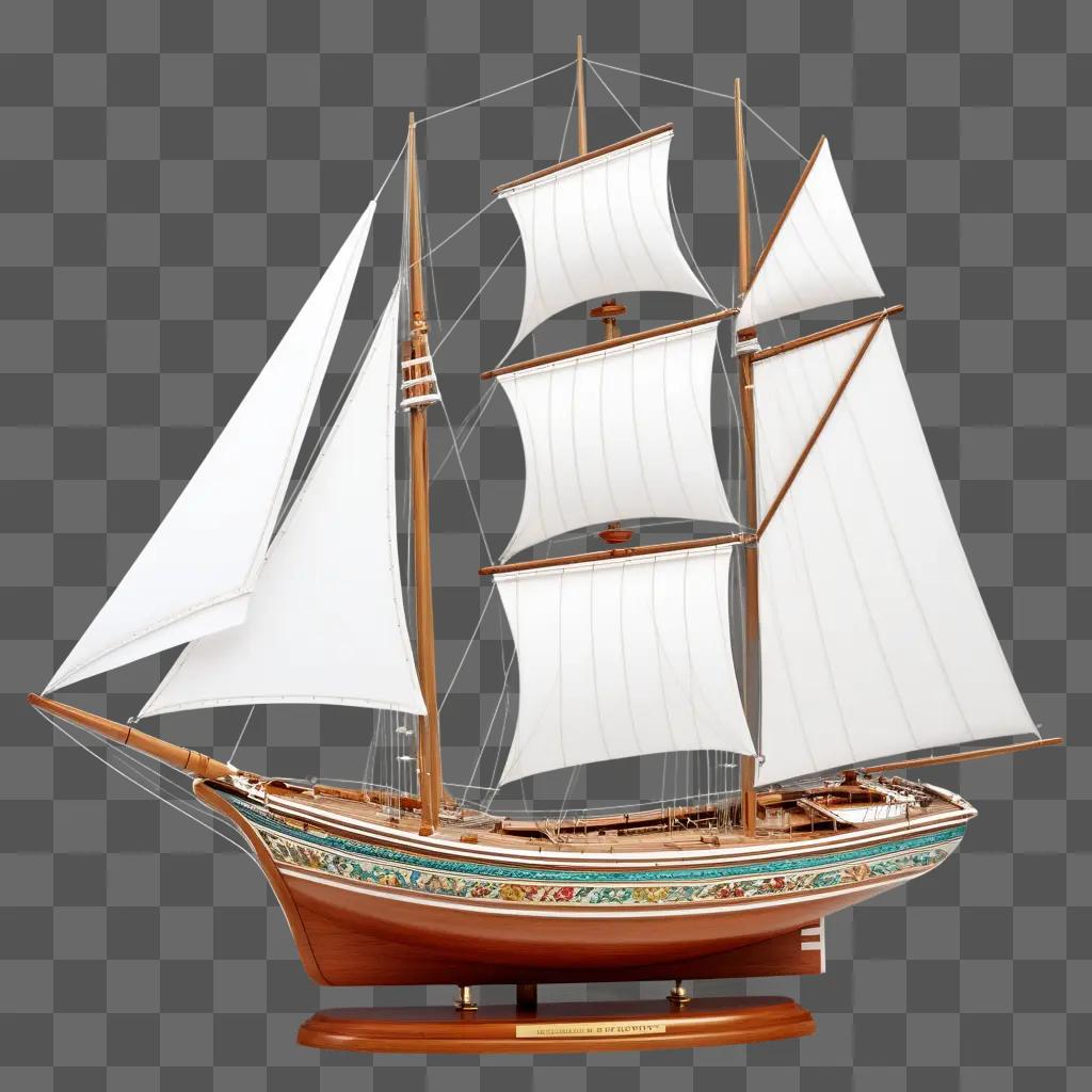 白い帆と木製のベースのボートモデル