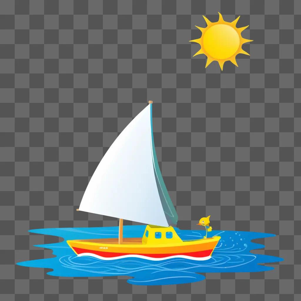 空に太陽と青い海に浮かぶボート