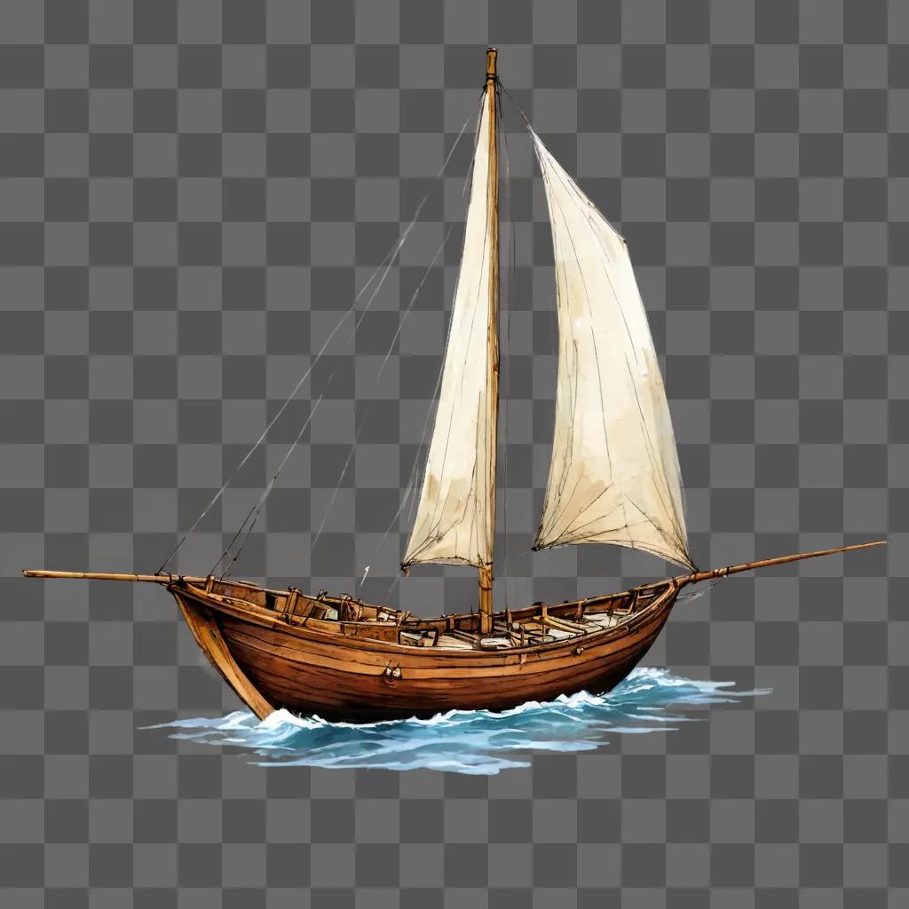 ボートスケッチ 海の波に浮かぶ木製の帆船