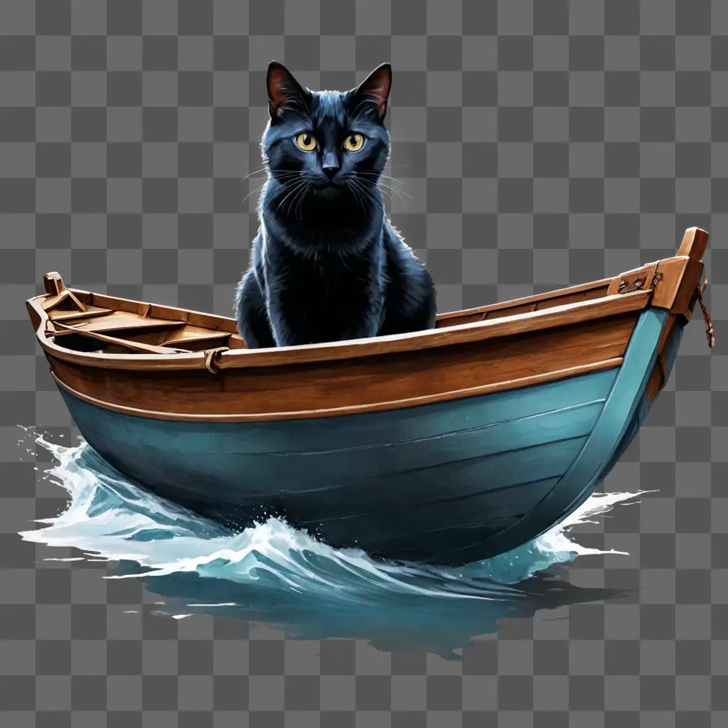 ボートのスケッチ波と海の背景を持つボートの黒猫