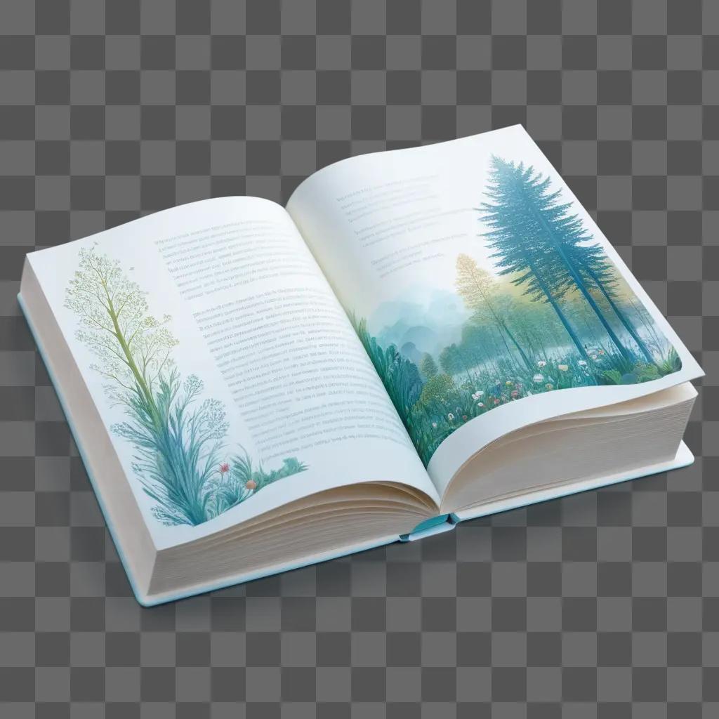 book with a transparent cover is open to a page with a landscape illustration