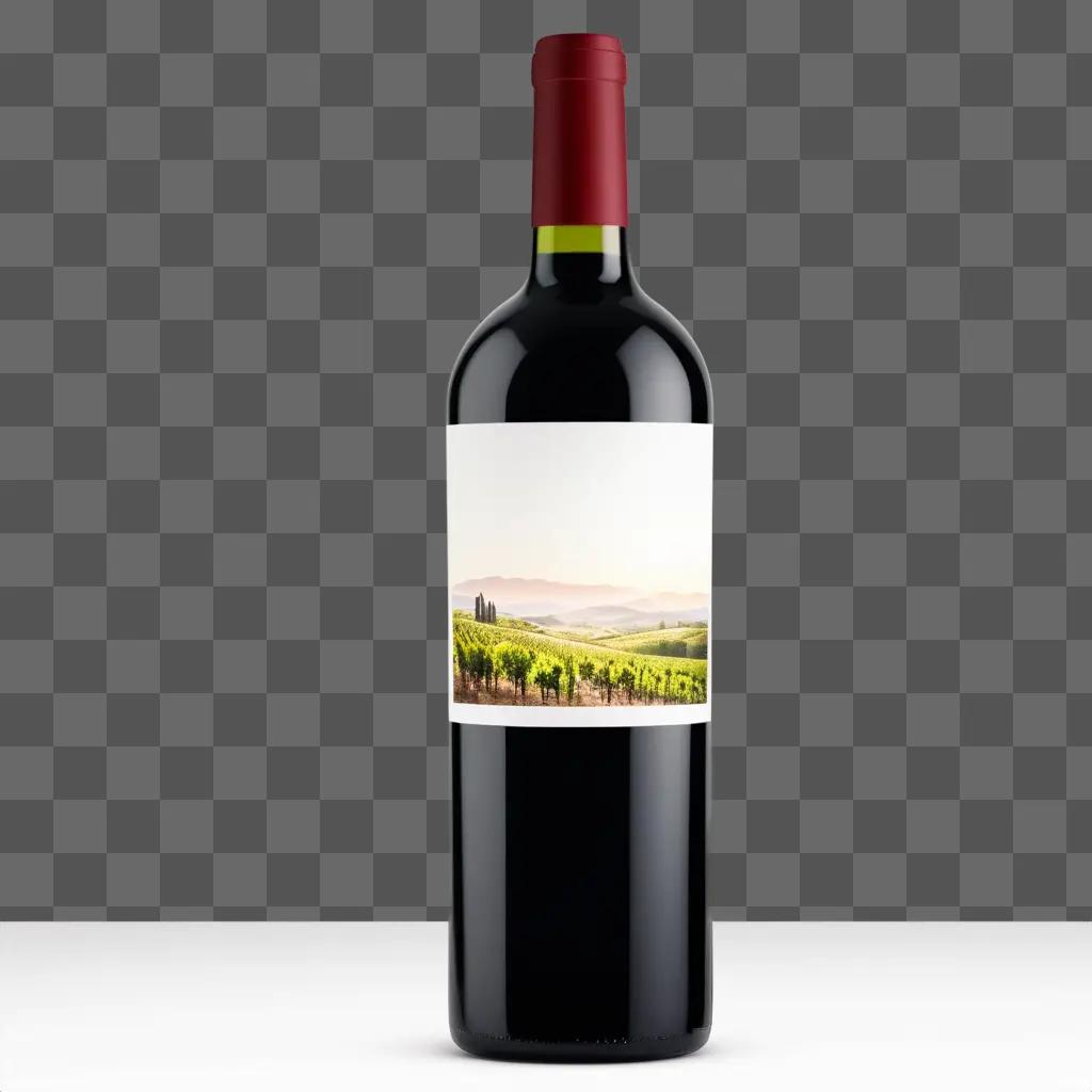 bottle of red wine is shown with a vineyard image