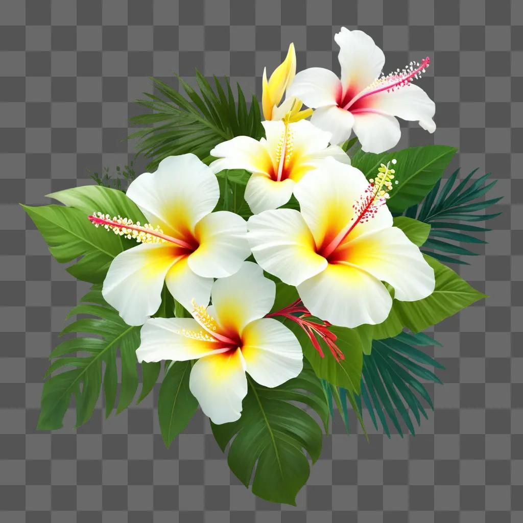 bouquet of Hawaiian flowers with green leaves