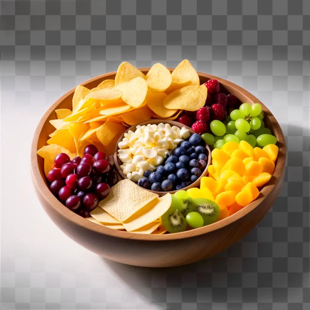 bowl of chips and fruit snacks on a table