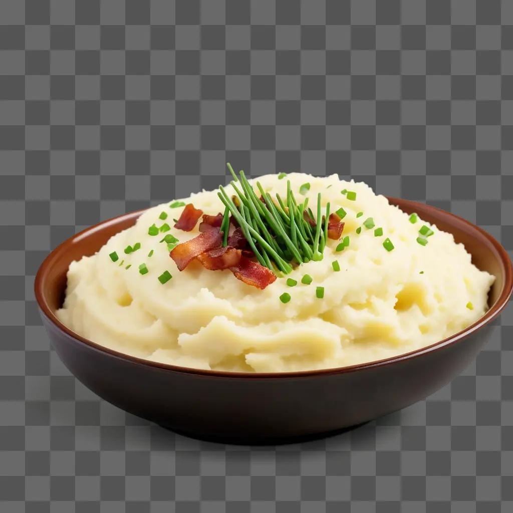 bowl of mashed potatoes with bacon and chives on top