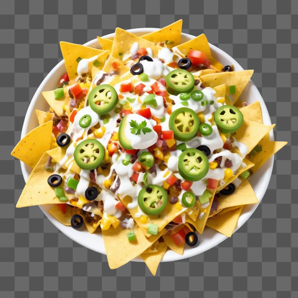 bowl of nachos topped with peppers, olives, and sour cream