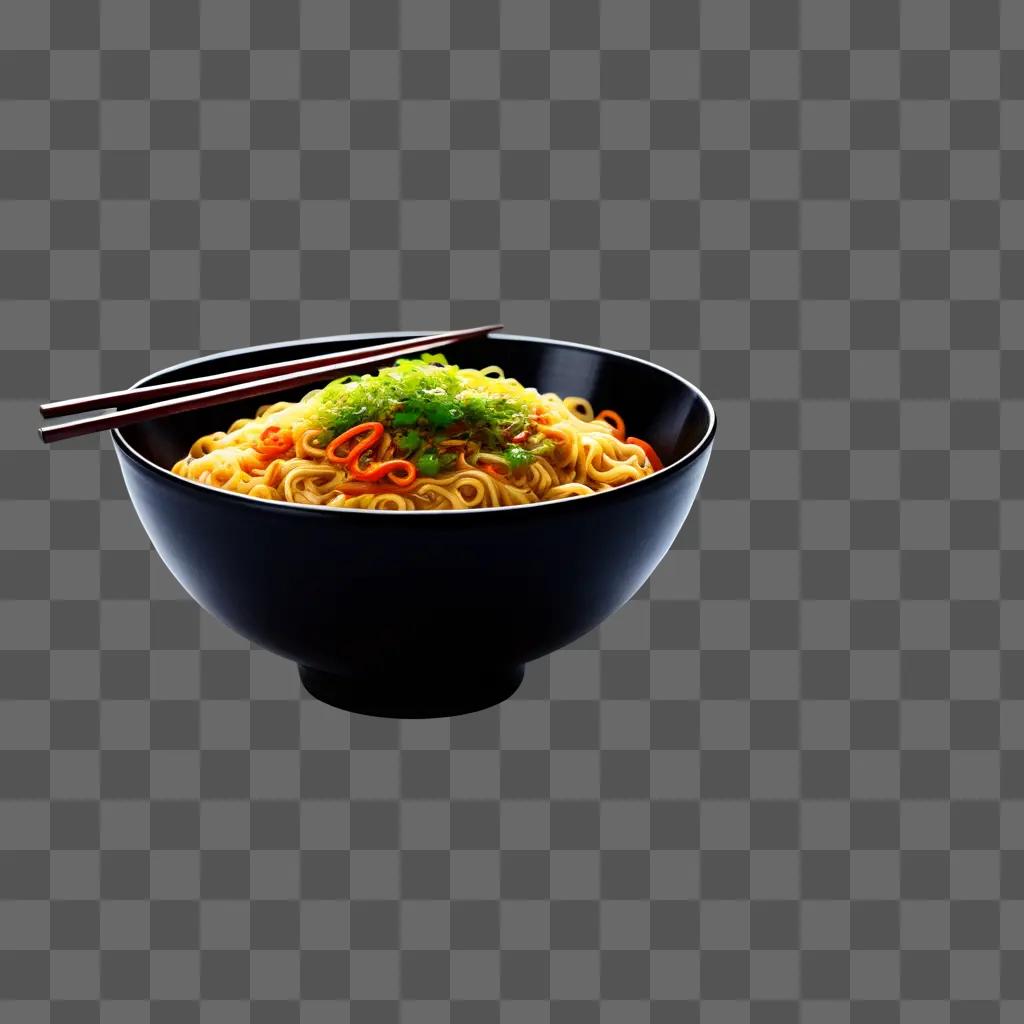 bowl of noodles and chopsticks on a dark background