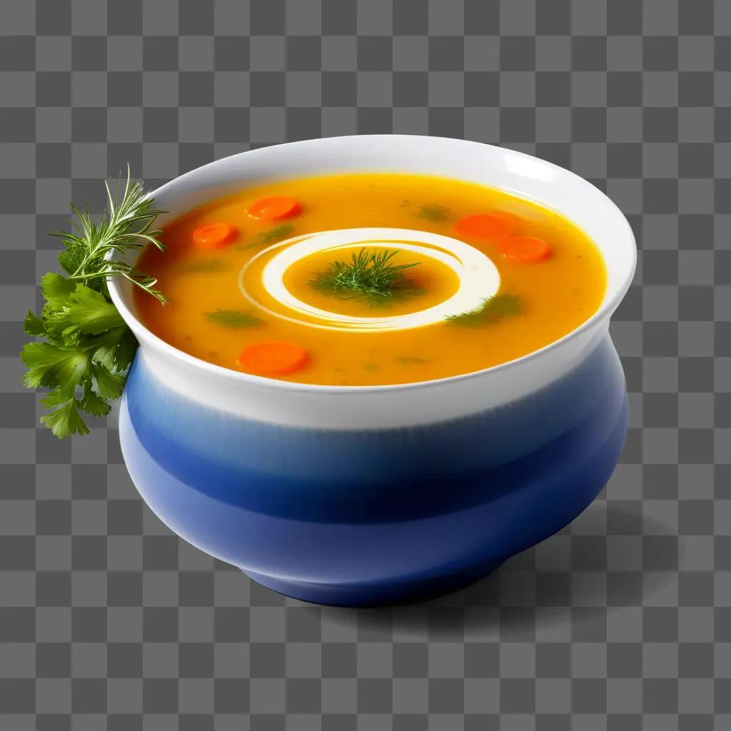 bowl of soup with a blue rim and a white center