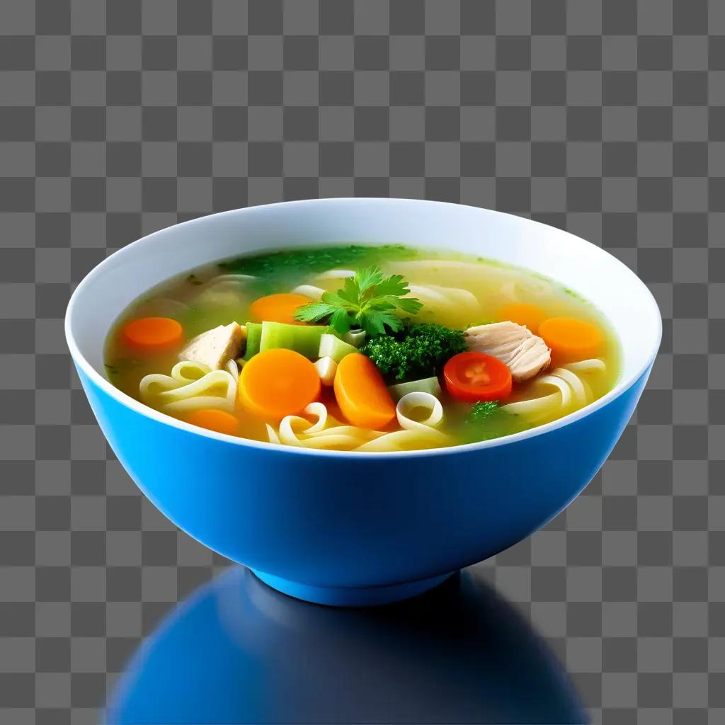 bowl of soup with chicken, carrots and broccoli