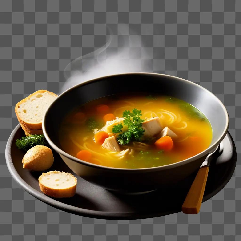 bowl of soup with meat, vegetables and bread on a tray