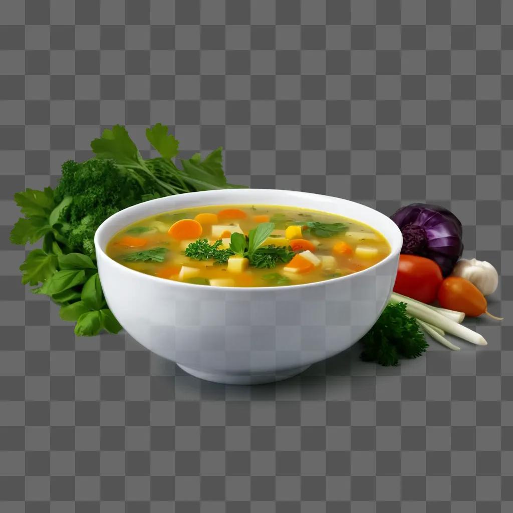 bowl of soup with vegetables and herbs on a table